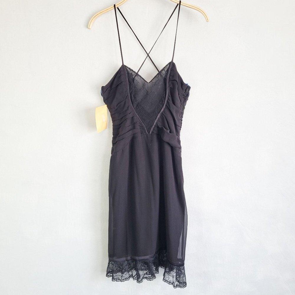 NWT Tufi Duek $495 Silk Strappy Lace Detail Ruched Black Mini Dress Sz 40/XS